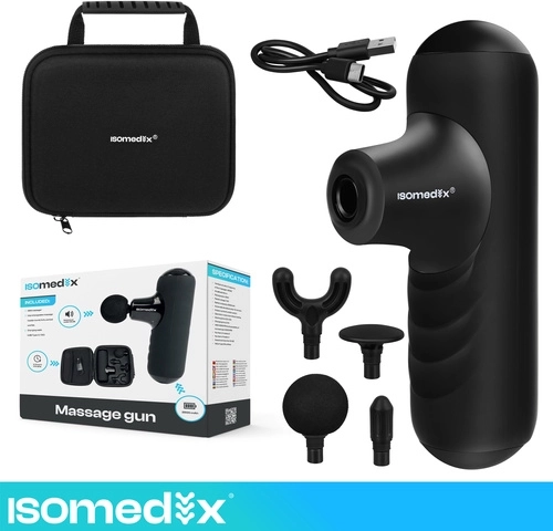 Mini massagepistol Isomedix med 5 tilstande, 4 hoveder og etuietui