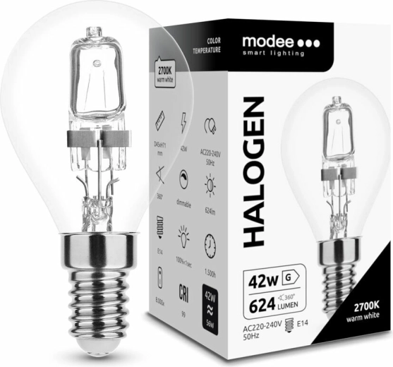 Halogenpære mini globe 42 W E14 varm hvid MODEE ECO