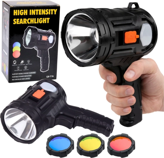 solcelledrevet LED-håndspot med 6 tilstande og udskiftelige filtre 19 cm