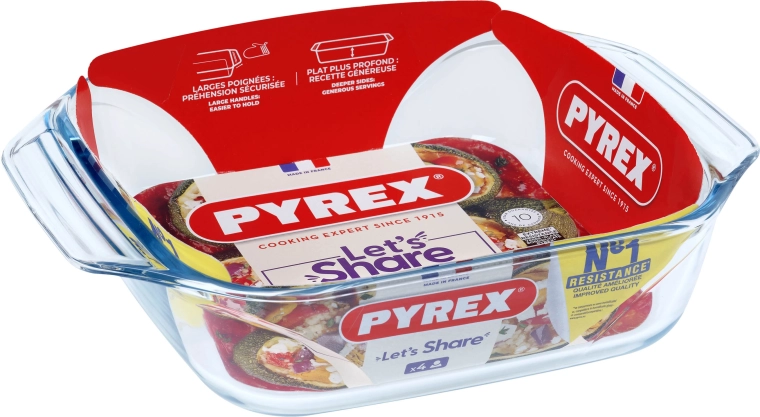 Pyrex glasfad i borosilikatglas med håndtag 29 × 23 cm, 2,4 l