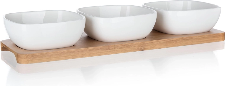 Sæt serveringsskåle i porcelæn på bambusbakke BRILLANTE, 3 skåle