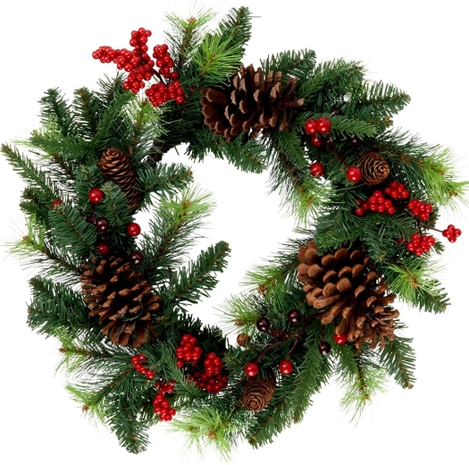 Julekrans 45 cm med kogler og røde bær