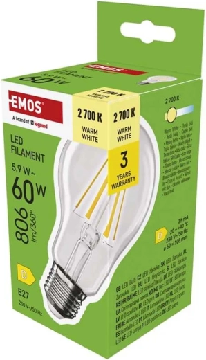 LED filamentpære A60 E27 5,9 W 806 lm varm hvid