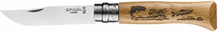 Opinel Nº08 Inox Animalia lommekniv med fiskemotiv, egetræ, 8,5 cm