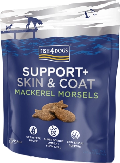 Fish4Dogs godbidder til hunde Support+ pels og hud makrel 225 g