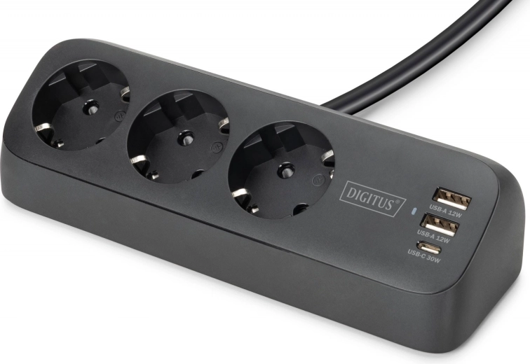 bord-multistikdåse med overspændingsbeskyttelse, 3 Schuko-stik og USB-A/USB-C med bordklemme, sort