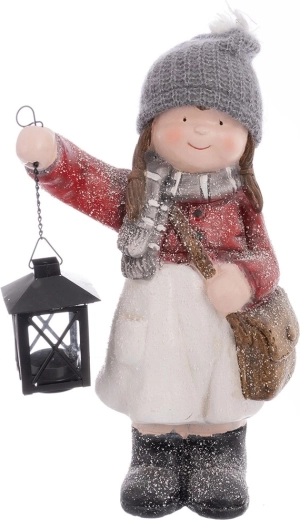 Juledekoration pige med lanterne i polyresin 39 cm