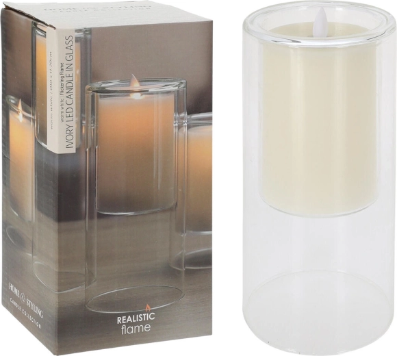 LED-lys IVORY i glas med flimrende flamme 10 × 20 cm