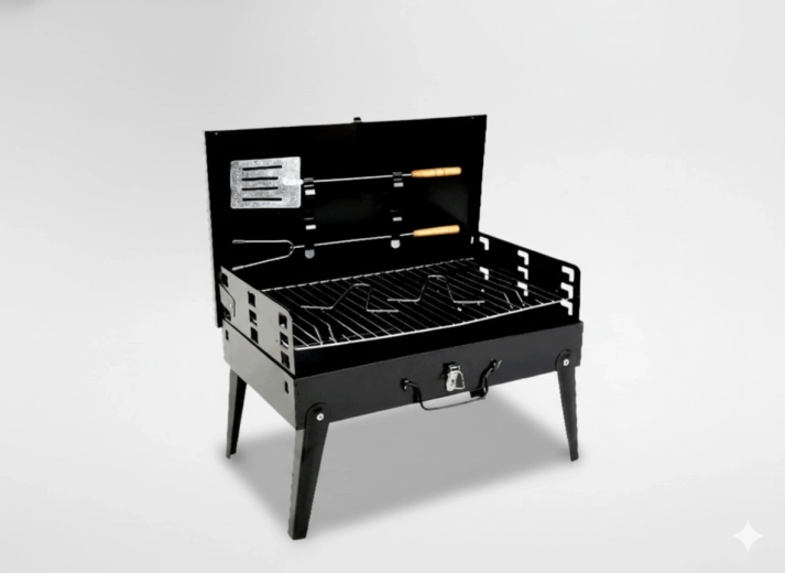 Sammenklappelig turistgrill i kuffertform med bestik 43 × 26,5 × 46,5 cm
