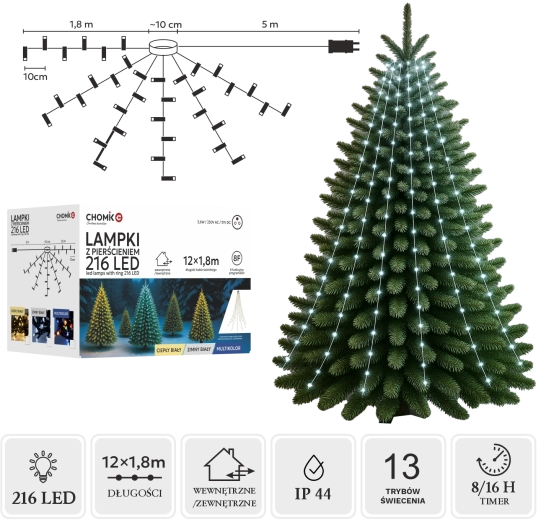 LED lyskæde med ring 1,8 m, 216 LED, kold hvid, indendørs/udendørs