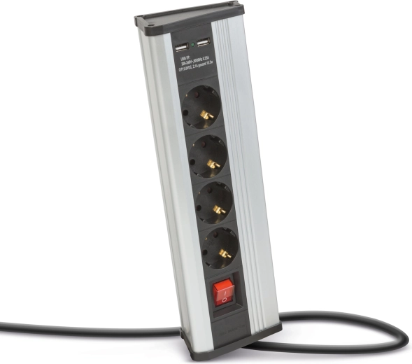 Hjørneforlængerledning med afbryder, 4 stikkontakter og USB-porte