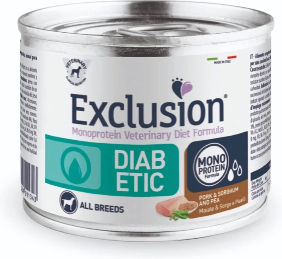 Exclusion Diabetic dåse til hunde af alle racer, svinekød med sorghum og ærter 200 g
