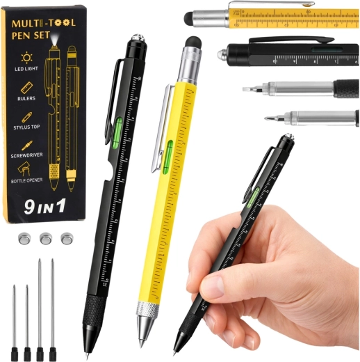 Sæt med metalliske multifunktionspenne 9-i-1 med LED-lommelygte, ridsespids og skruetrækker – gul og sort, 2 stk.