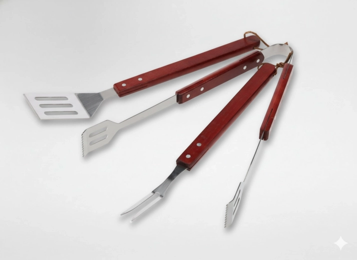 Sæt med 3 grillredskaber med træhåndtag – spatel, tang og gaffel