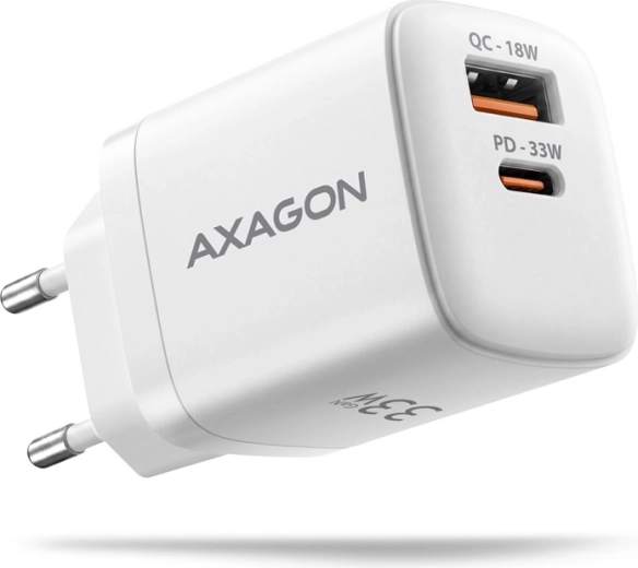 AXAGON 33 W GaN-netoplader med to porte, USB-C og USB-A, hvid