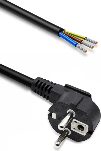 Strømkabel med vinklet Schuko CEE 7/7-stik, afisolerede fortinnede ledere, 3×1,0 mm², 1,8 m