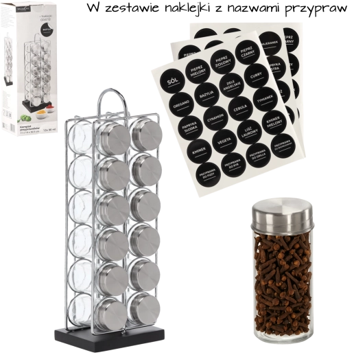 Rektangulær krydderiholder med håndtag, 12 glas-krydderiglas, sølv-sort