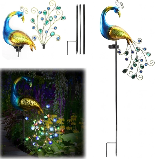 Solcelledrevet påfugle-havelampe til nedstikning