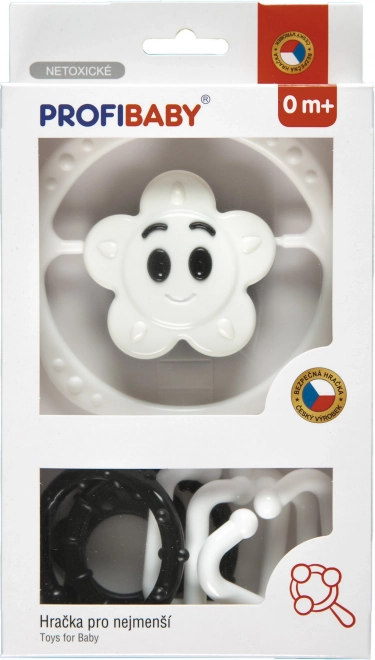 Sæt med raslelyde sort/hvid – kæde til barnevogn og rangle stjerne/blomst