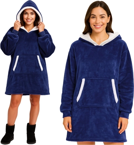Ruhhy oversize tæppe-sweatshirt med hætte XXL, mørkeblå - 1 stk.