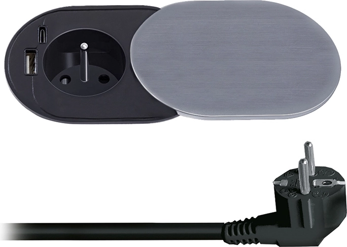 Solight indbygget stikkontakt 230 V med USB-A og USB-C PD 20 W med skydecover, 2 m, sølv