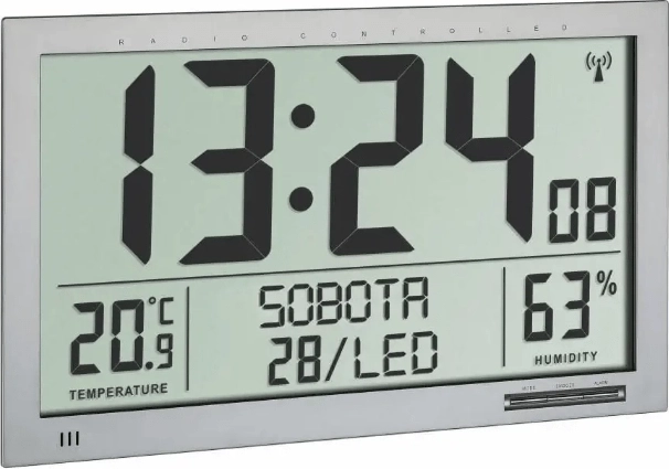 Radiostyret digitalt XL-ur fra TFA med termometer og hygrometer, sølvfarvet