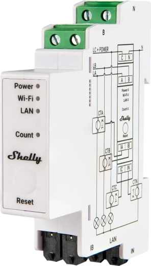 Shelly Pro 3EM Matter trefaset elmåler 120 A til DIN-skinne