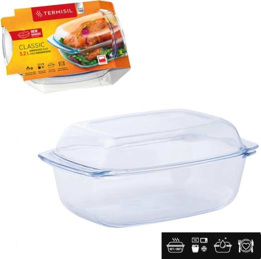 Rektangulær varmeresistent glasbageform med låg 5,2 l