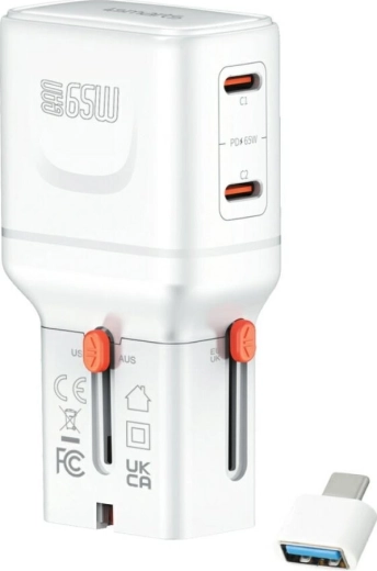 Rejseoplader 4smarts World Travel Adapter Nomad Pocket GaN 65 W, USB‑C + USB‑A, hvid