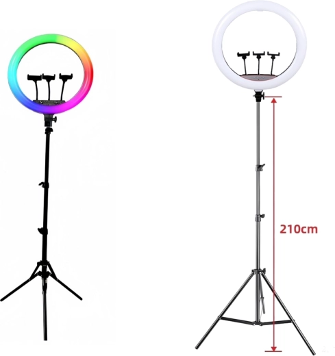 RGB LED ringlys på stativ med 3 telefonholdere (45 cm)