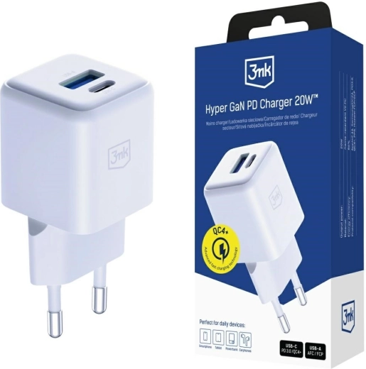 3mk Hyper GaN netoplader 20 W USB-A og USB-C hvid