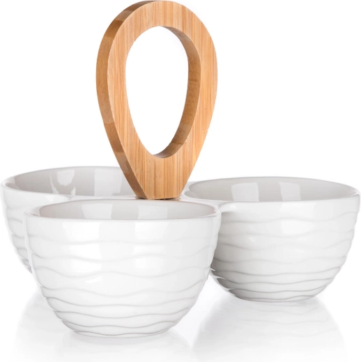 Serveringssæt med tre porcelænsskåle og bambushåndtag BRILLANTE