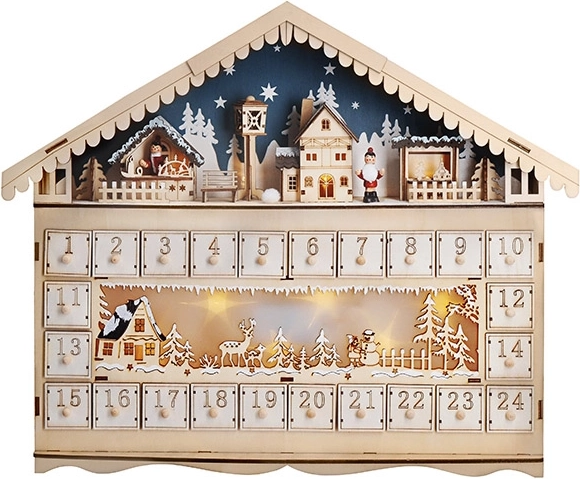 Solight LED-adventskalender i form af en fjeldhytte, 10× LED, 50 × 40 cm