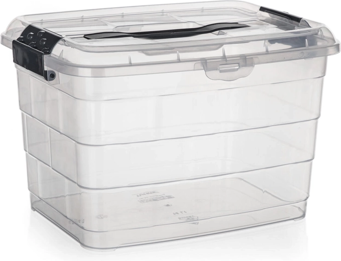 Opbevaringsboks med låg og hank 14 l VILARD – transparent med røgfarvede klips