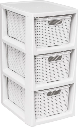 Hvid reol i rattan-design med 3 skuffer