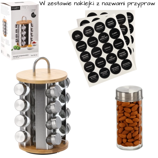 Drejeligt rundt krydderistativ med håndtag, 16 glaskrydderiglas, bambus-sølv, 18 × 33 cm