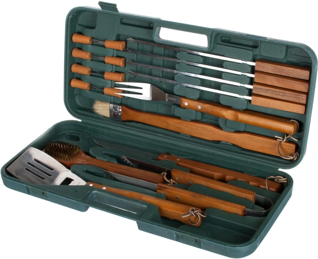 Sæt grillredskaber i rustfrit stål med træhåndtag, 18 dele i kuffert