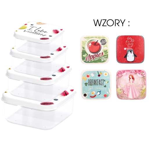 Sæt med 4 firkantede madopbevaringsbokse med farvede låg til børn