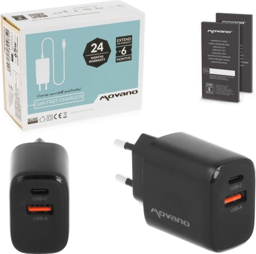 Movano GaN netoplader 20 W USB-C PD + USB-A sort