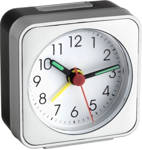 Elektronisk TFA-vækkeur med selvlysende visere, hvid‑sølv