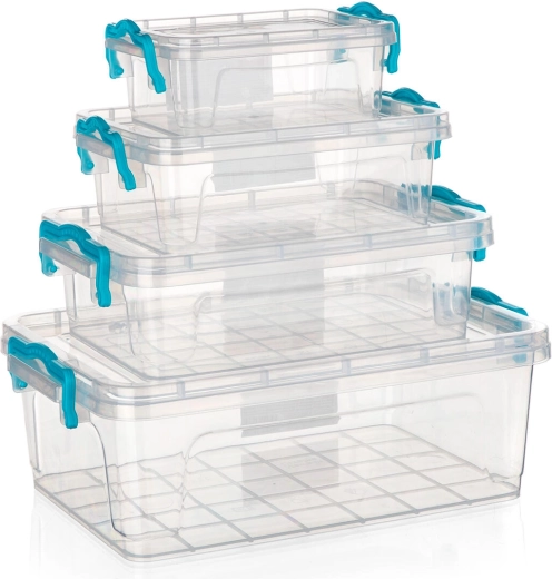 Sæt opbevaringsbokse GEMA 4 stk. med turkise klips, transparent