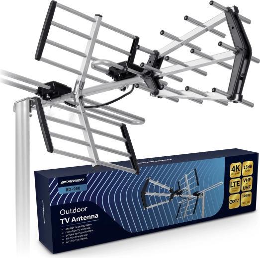 Udendørs retningsbestemt TV-antenne BERDSEN til DVB-T/T2, 4K Ultra HD, VHF/UHF, LTE-filter, rækkevidde 80 km