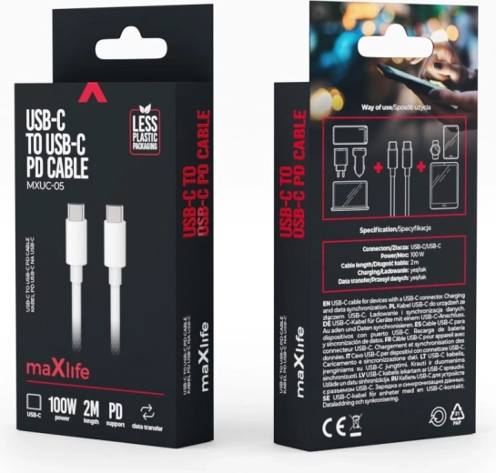 Maxlife USB‑C til USB‑C-kabel 2 m 100 W hvid