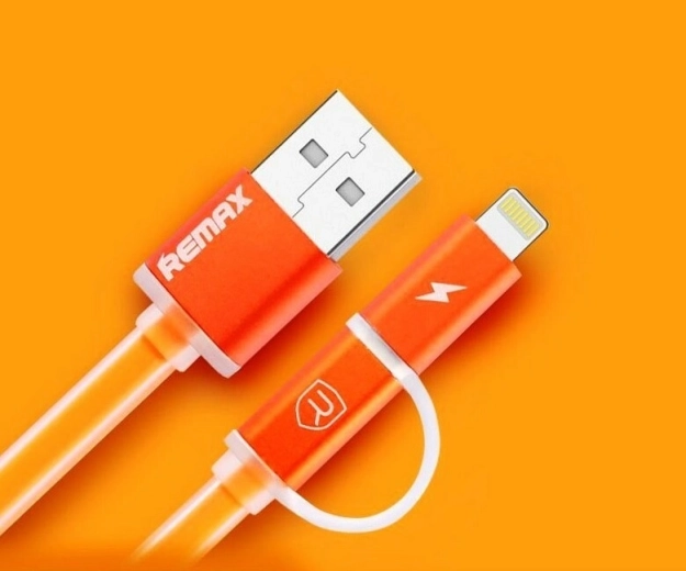Remax Aurora 2-i-1 opladnings- og datakabel USB–Lightning/micro‑USB, orange