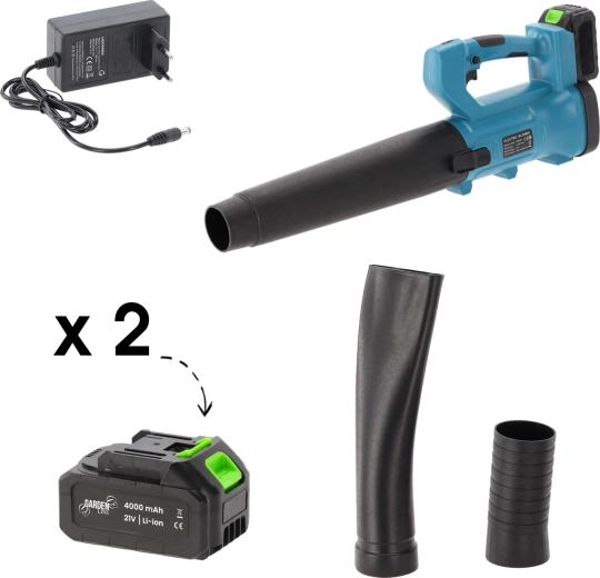 Batteridrevet haveblæser 21 V med 2× 4Ah batterier og oplader