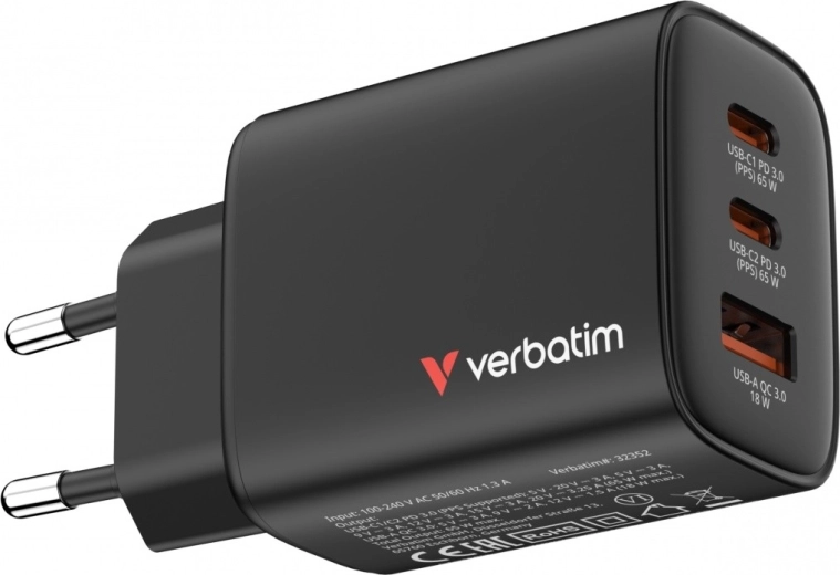 Verbatim Essentials GaN netoplader 65 W (2× USB-C, 1× USB-A, PD 3.0/QC 3.0) – EU