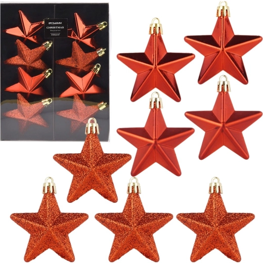 Uknuselige julepynt stjerner røde 6,5 cm, 8 stk.
