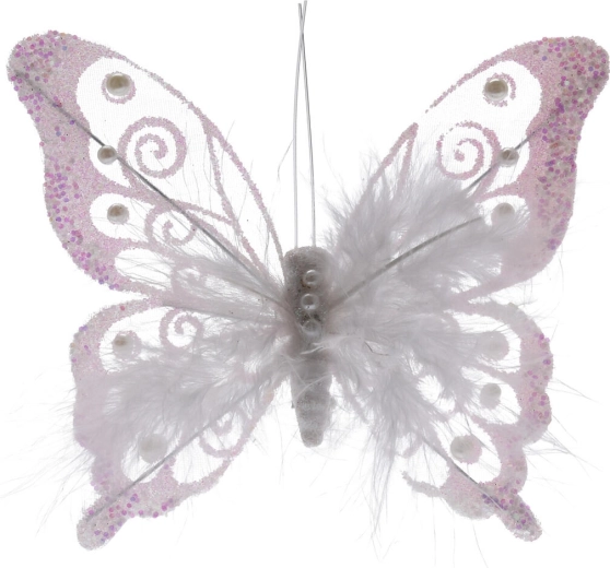 Dekorativ sommerfugl af fjer på clips, hvid, 15,5 cm (2 stk)