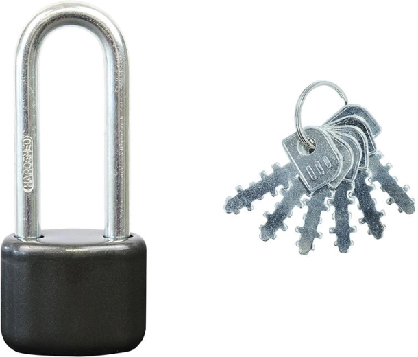 Hængelås med forlænget bøjle, stål, 6 nøgler