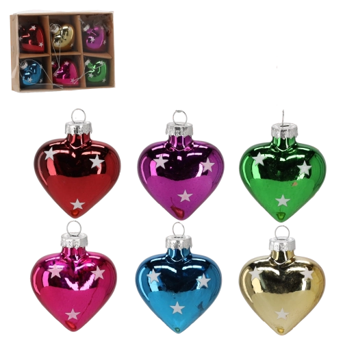 Sæt med glashjerter som julepynt, 6 stk.
